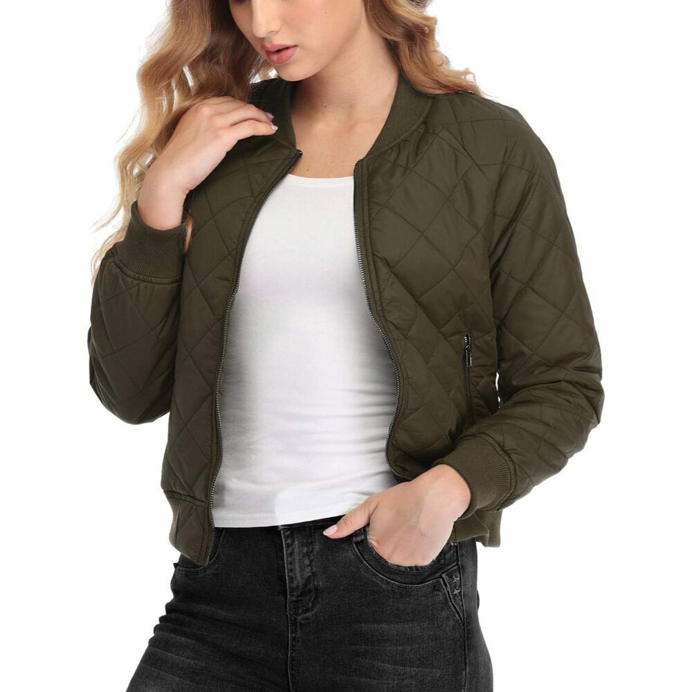 Women's Lightweight Zip Up Fashion Outerwear Dark Green Quilted Bomber Jacket - Picture 4 of 6
